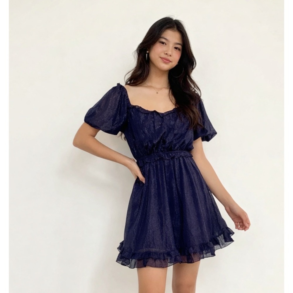 BY the River Navy Blue Swiss Dot Metallic Shimmer Mini Dress‎ B1FD1004 Small
